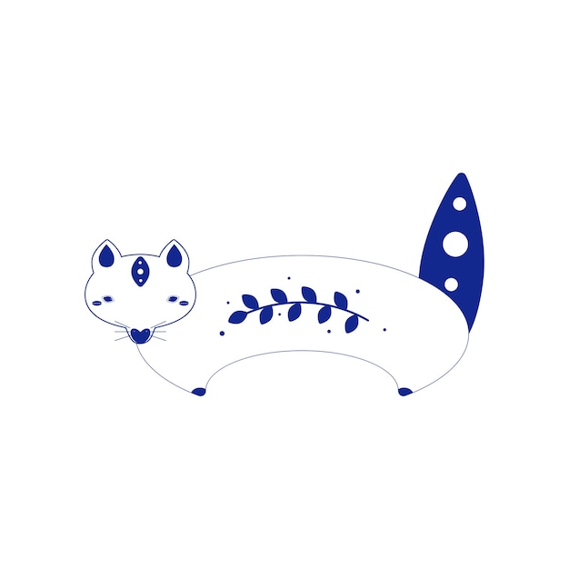 Christmas fox vector illustration Blue porcelain Hand drawing Winter character