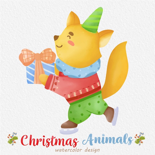Рождественская фокс акварельная иллюстрация с бумажным фоном