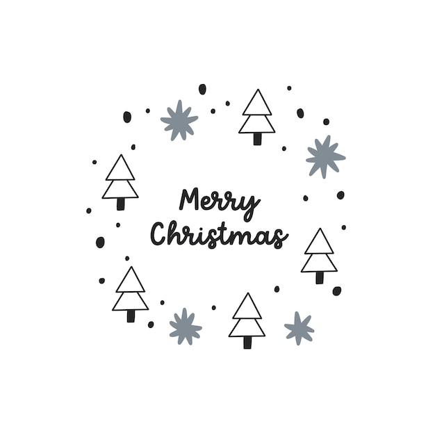 Christmas frame of isolated snowflake tree with lettering Merry Christmas