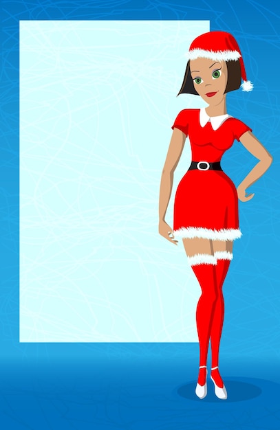 Vector christmas frame with a girl in red dress