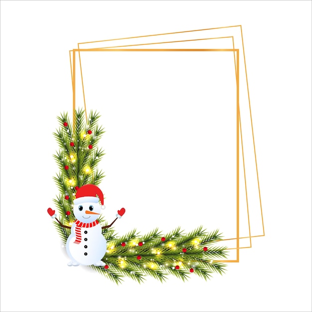 Christmas frame with green leaves on a white background. xmas frame with a snowman wearing a red hat. christmas lights, xmas frame, green leaves, snowflakes, red berries, snowman, star lights.