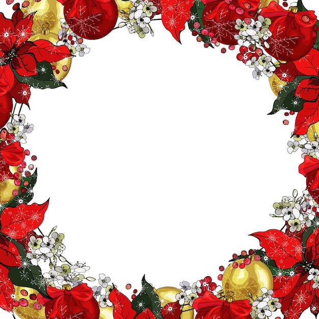 Vector christmas frame with holly berries, flowers, poinsettia, gold and red balls.