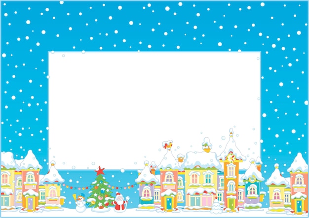 Christmas frame with a pretty small town and a decorated fir on a snowy winter day