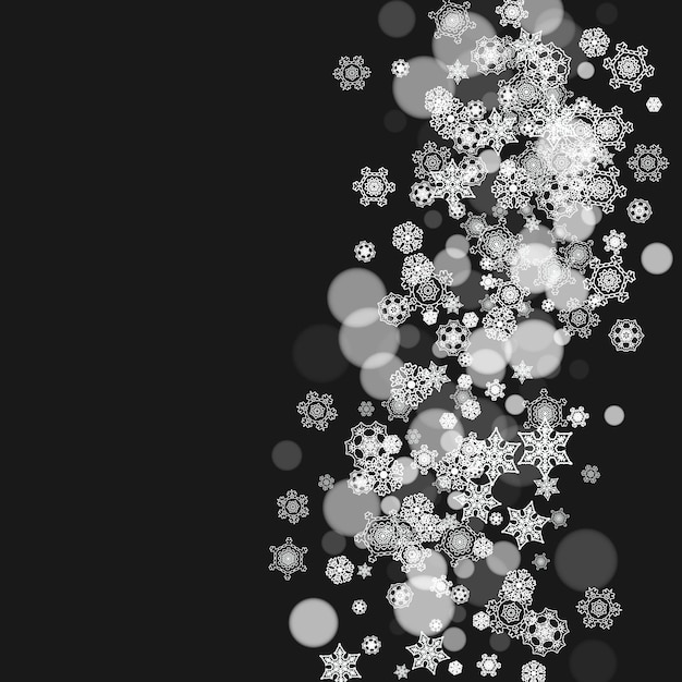 Vector christmas frame with snowflakes on black background new year theme stylish christmas frame for holiday banners cards sales special offers falling snow with bokeh and flakes for party celebration