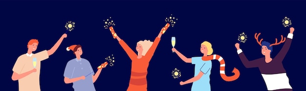 Festa degli amici di natale. felice anno nuovo cartone animato, vacanze di natale. uomo donna con fuochi d'artificio e bicchieri, illustrazione vettoriale fest invernale. donna e uomo vacanze di natale insieme per celebrare la festa