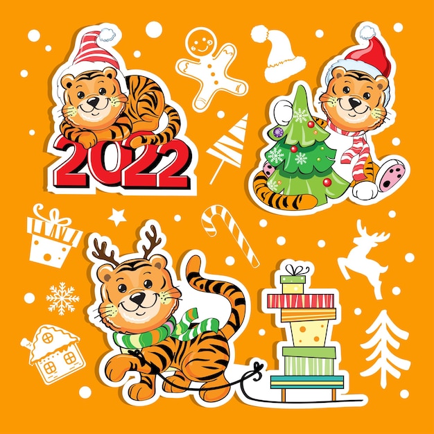 Christmas funny tigers collection Vector cartoon illustration of a symbol of the Chinese year 2022