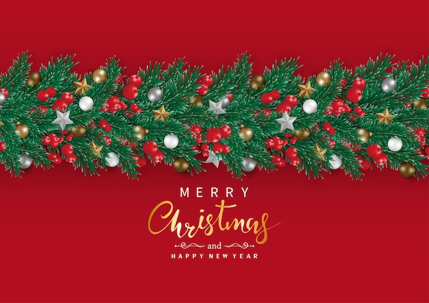 松の木の赤いベリーとクリスマスボールで縦にクリスマスの花輪の装飾