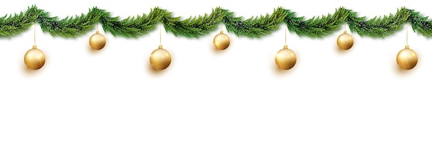 흰색 배경에 격리된 눈으로 목이 졸린 전나무 가지와 황금 공의 크리스마스 화환. 원활한 배너, 원하는 크기로 확장할 수 있습니다.