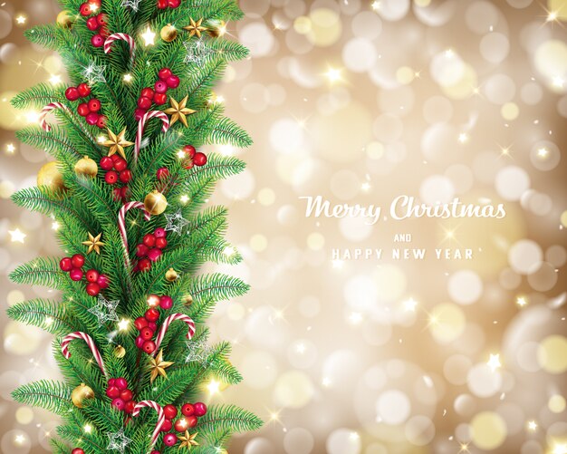 Vector christmas garland in golden bokeh background conception.