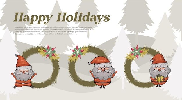 휴일 시즌 템플릿 디자인을 위한 산타 캐릭터 배너가 있는 크리스마스 화환