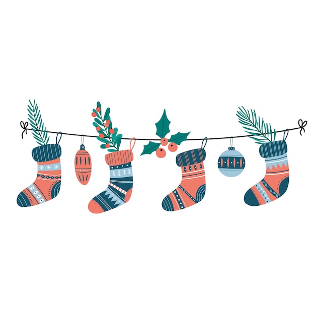 Christmas garland with warm socks, Christmas balls, Christmas flowers, needles, poinsettia, mistleto