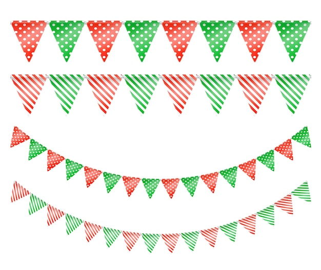 ドットとストライプのパターンで緑と赤の三角形の旗とクリスマスの花輪
