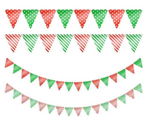 Christmas garlands with green and red triangle flags with pattern of dots and stripes