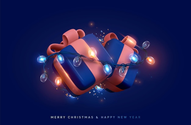 Christmas gift box. Presents with surprise, wrapped in bright light burning garland. Xmas festive background with realistic 3d design element. Happy New Year. Two blue boxes. Vector illustration