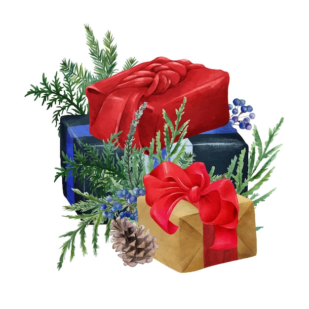 Christmas gift boxes composition with fir branches