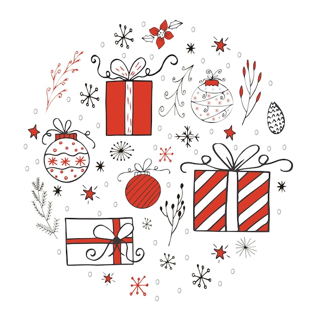 Рождественская подарочная карта с подарками, рождественской елкой и снегом. Легко редактируемый шаблон. Симпатичные иллюстрации для открытки, плаката, футболки, баннера.