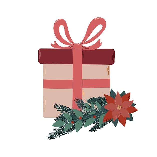 Vector a christmas gift in the form of a box with a red ribbon, fir branches and a poinsettia flower