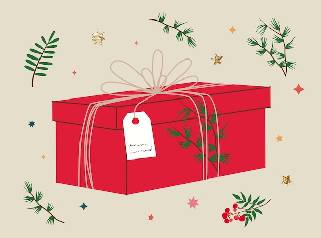 Вектор Рождественский подарок в красной крафт-бумаге с биркой и веткой. подарочная коробка в крафтовой оберточной бумаге с бантом