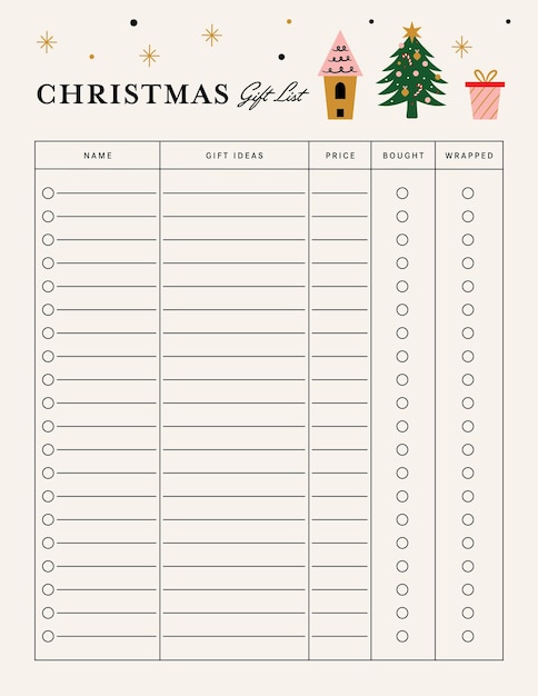 Christmas gift list planner template printable