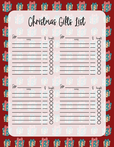 Christmas Gift list Vector printable template Blank sheet for Xmas gift ideas Illustration