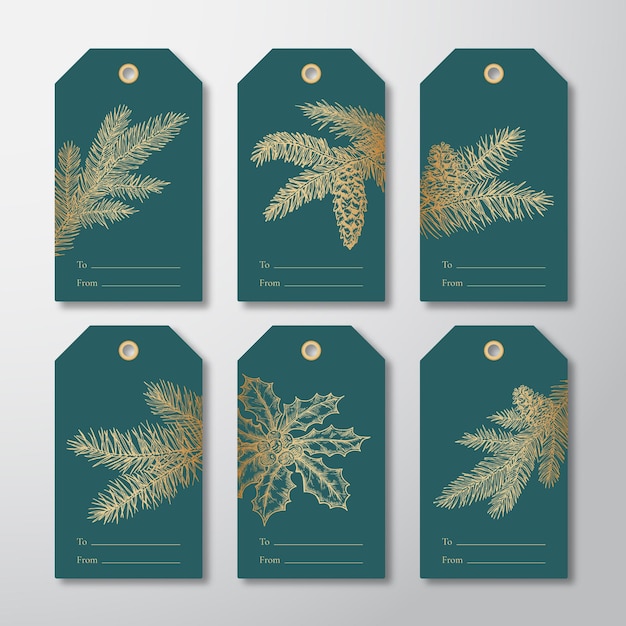 Vector christmas gift tags or labels set hand drawn firneedle pine branches with strobiles and holly leaf sketches golden glitter gradient