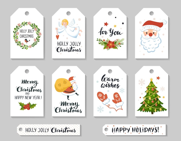 christmas gift tags with cute elements. hand drawing vector illustration.