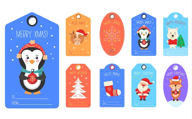 Christmas gift tags with winter animals characters cards merry christmas happy new year label