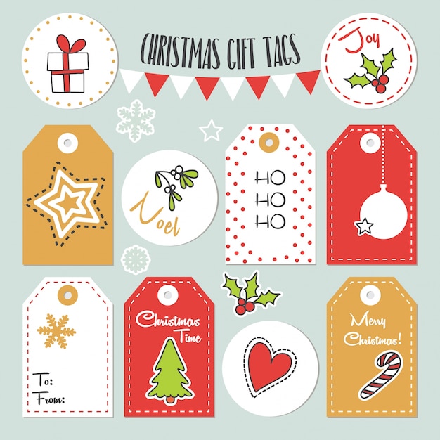 Christmas gift tags with winter and christmas illustrations