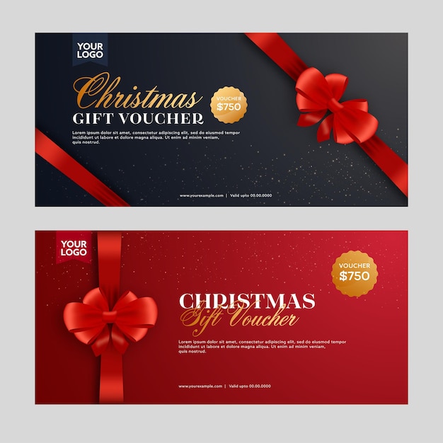 Vector christmas gift voucher banner layout closed with bow ribbon in black and red color options.