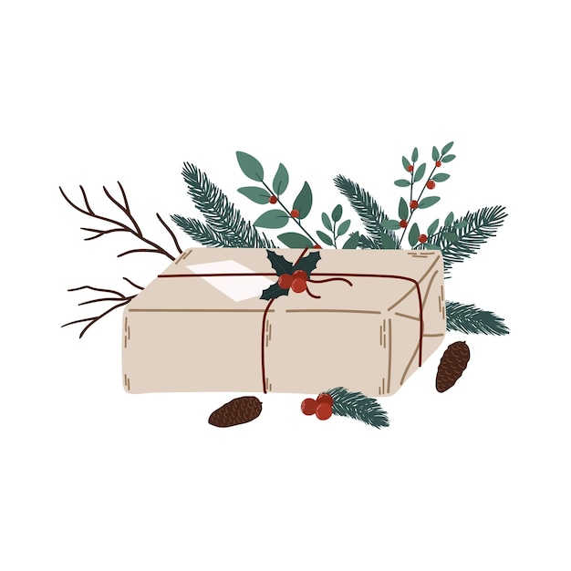 Vector christmas gift with holly leaves, fir branches, pine cones and branches with red berries