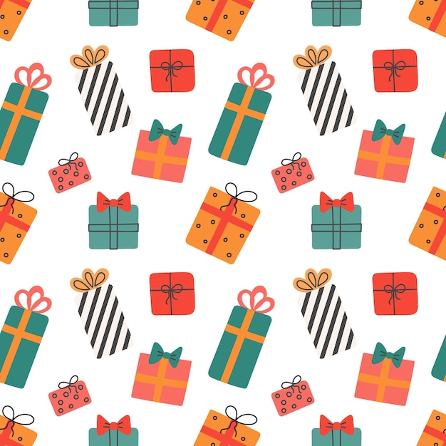 Christmas gifts in colorful boxes on white background Vector seamless pattern wallpaper