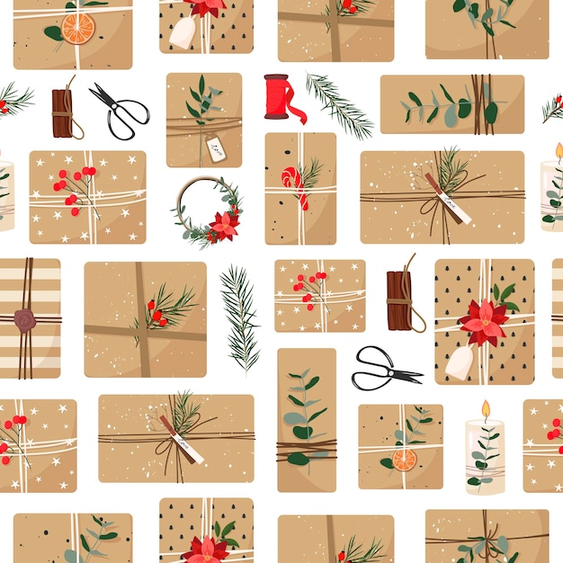 Vector christmas gifts in craft paper eco decor eucalyptus and spruce