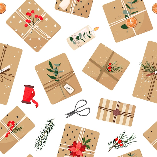 Vector christmas gifts in craft paper eco decor eucalyptus and spruce