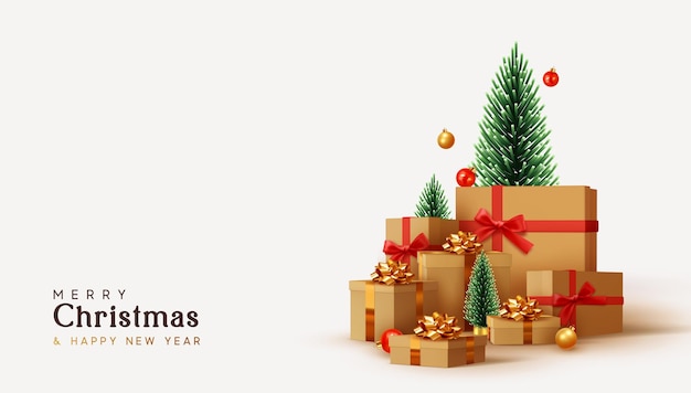 Новогодние подарки праздничные реалистичные 3d объекты. Рождественская декоративная композиция. Подарочная карта, праздничный баннер, плакат, обложка, флаер, яркая брошюра. Праздничный зимний дизайн. Сюрприз новогодних подарков
