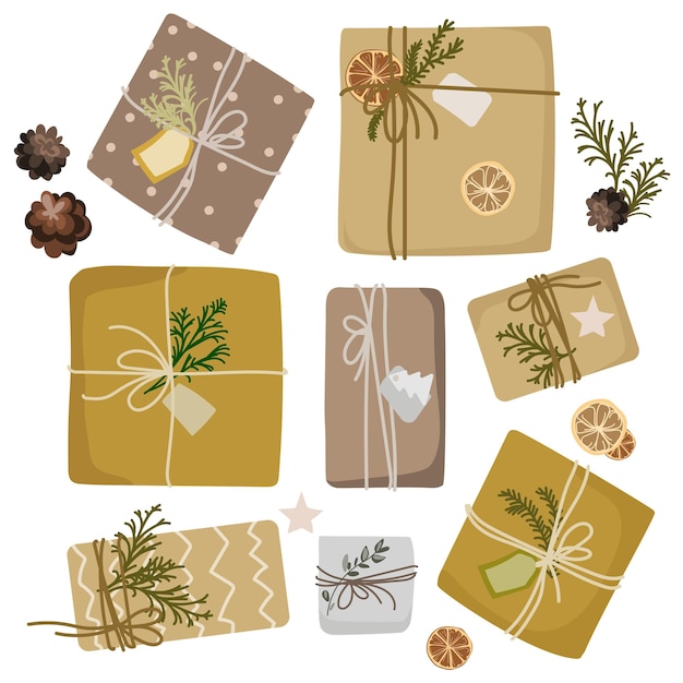 Vector christmas gifts in kraft paper set top view.vector isolated illustration.diy rustic present boxes