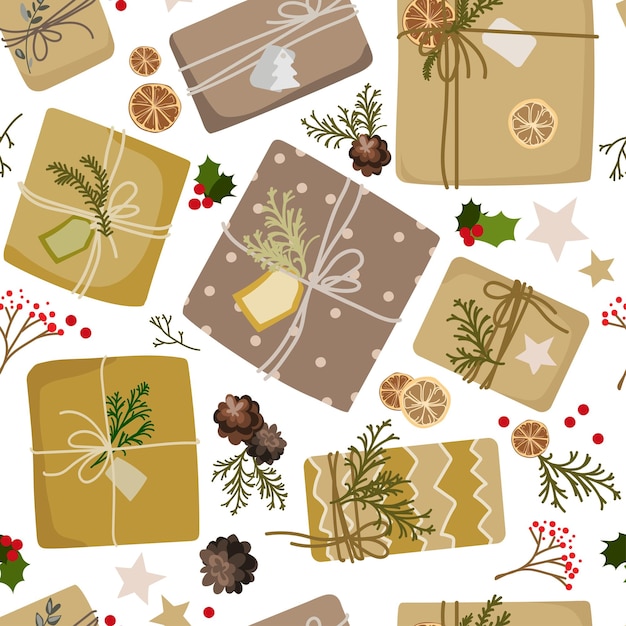 Premium Vector  Christmas gifts in kraft paper with tag and