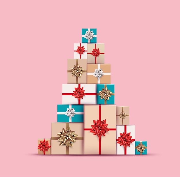 Vector christmas gifts or present colored boxes laid out in christmas tree