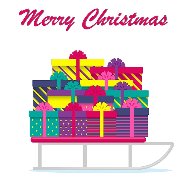 Christmas gifts on sled lettering Merry Christmas Vector illustration