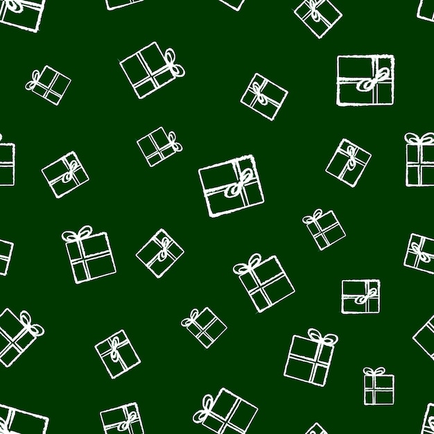 Christmas gifts vector seamless pattern handdrawn in chalk gift boxes on a dark green background