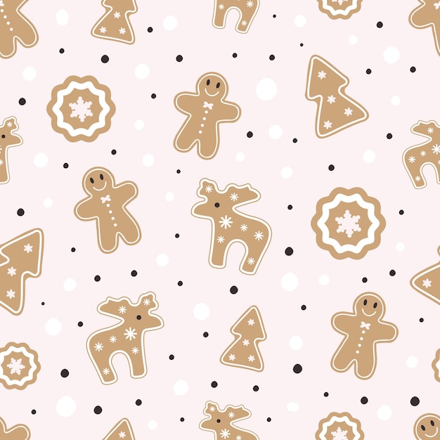 Christmas gignerbreads seamless pattern on light pink background.