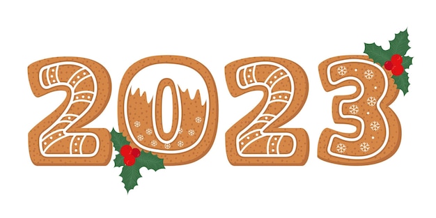 Christmas gingerbread 2023. Happy new year lettering flat vector. Winter.