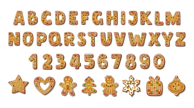 Christmas Gingerbread alphabet in cartoon style with different cookies shape.