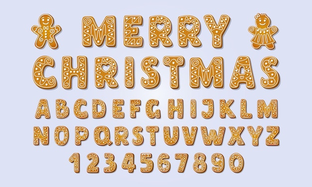 クリスマスのジンジャーブレッドのアルファベットのフォントと数字の英語の形の冬のicingsugarクッキー