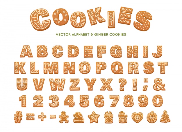 Christmas gingerbread alphabet. vector ginger cookies