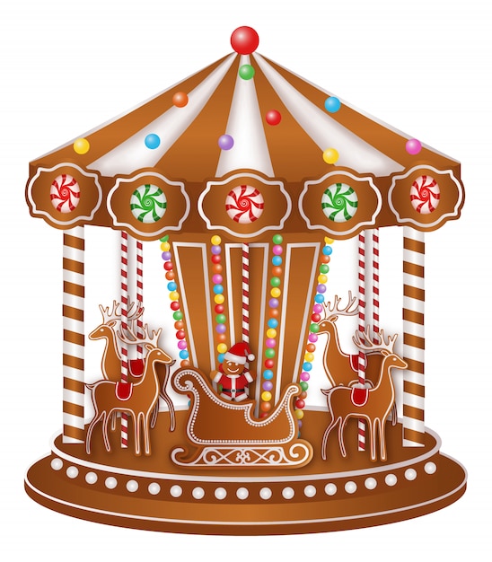 Christmas gingerbread carousel with santa claus, sleigh and reindeers