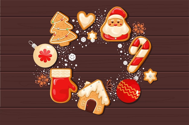 Christmas gingerbread cookies background in a round shape, for use as a poster or background. decorated with snow, snowflakes and beads. vector illustration