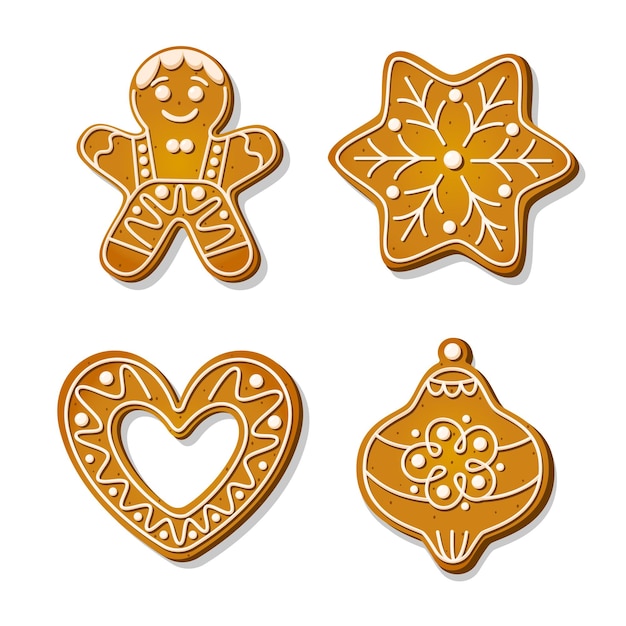 Vector christmas gingerbread cookies. festive biscuits in shape of snowflake and gingerbread man, heart and christmas tree decoration. cartoon vector illustration.