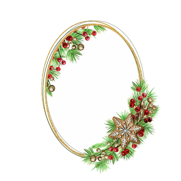 Christmas gingerbread cookies Gold Wreath. Oval Frame of pine branches on white background, New Year watercolor hand drawn illustration with copy space for text.