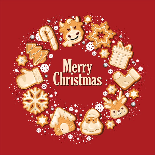포스터나 배경으로 사용하기 위해 둥근 모양의 크리스마스 진저 쿠키. 눈, 눈송이 및 구슬로 장식되어 있습니다. 벡터 일러스트 레이 션