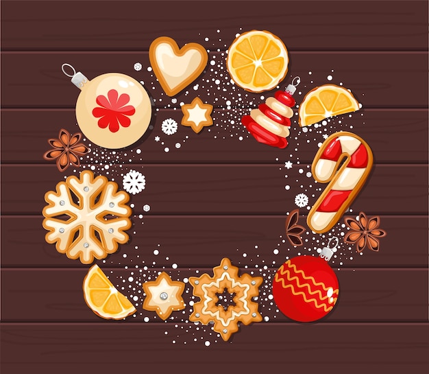 ベクトル ポスターや背景として使用するための丸い形のクリスマスジンジャーブレッドクッキー。雪、雪片、ビーズで飾られています。ベクトルイラスト